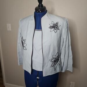 Positive Attitude 2pc Baby Blue Tank Top Linen Jacket Brown Embroi Beaded Flower